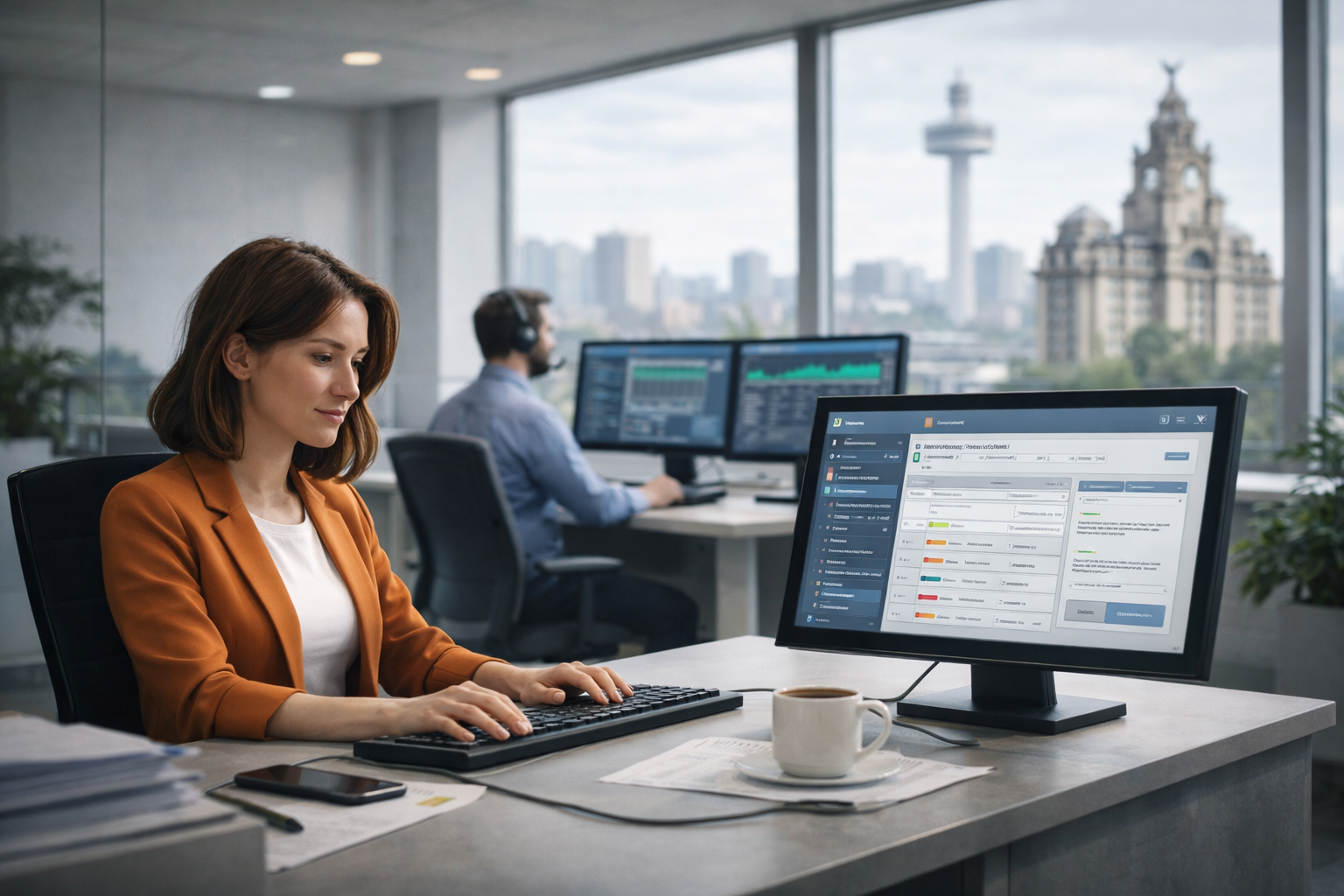 Small business owner using an IT support helpdesk system with the Liverpool skyline in the background