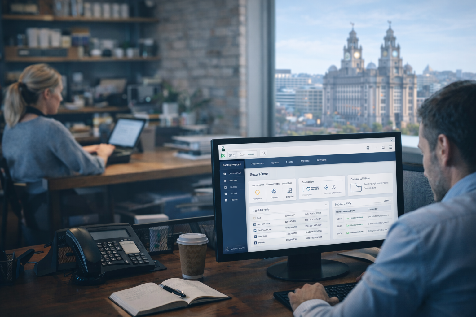 Small business owner reviewing a security monitoring dashboard in a Liverpool office with the Liver Building visible through the window