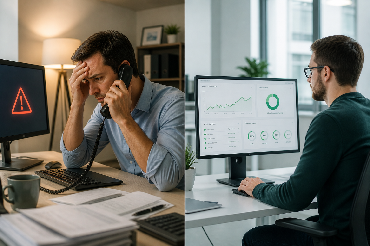Split image comparing a reactive IT call-out on one side with a proactive managed support dashboard on the other